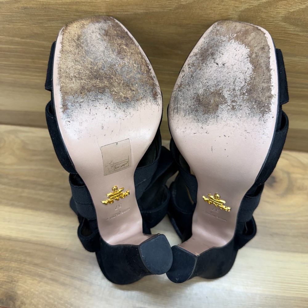 PRADA Strappy Heels Square Toe 7 EU 37 Black Suede Stretch Sandals - Picture 9 of 10